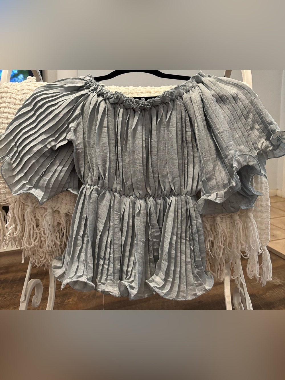 Flawless Dusty Blue Pleated Off-Shoulder Peplum Top